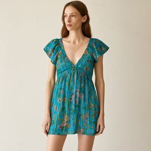 Just Bellina NEW Blue Metallic Floral Mini Dress Puff Sleeve V Neck Coquette S